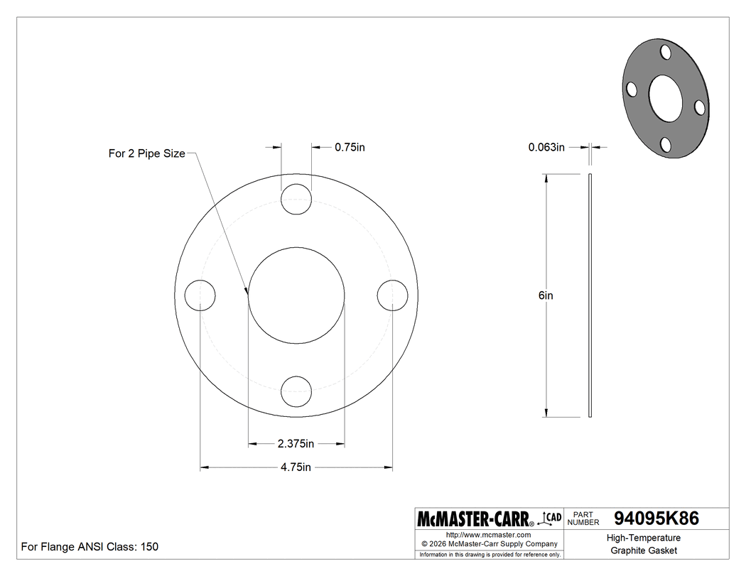 Technical Drawing of High-Temperature Graphite Gasket, with Bolt Holes, for 2 Pipe Size, ANSI Class 150.